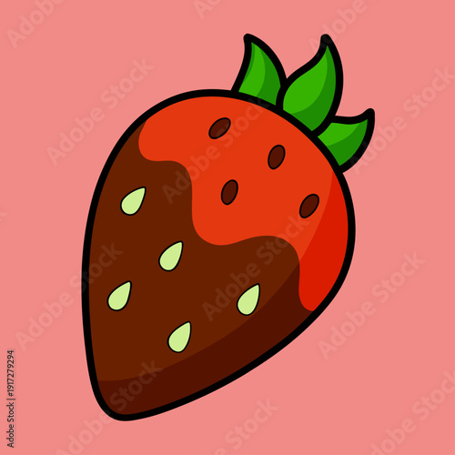 A hand-drawn cartoon illustration of a red strawberry partially dipped in dark chocolate, featuring green leaves and light seeds.