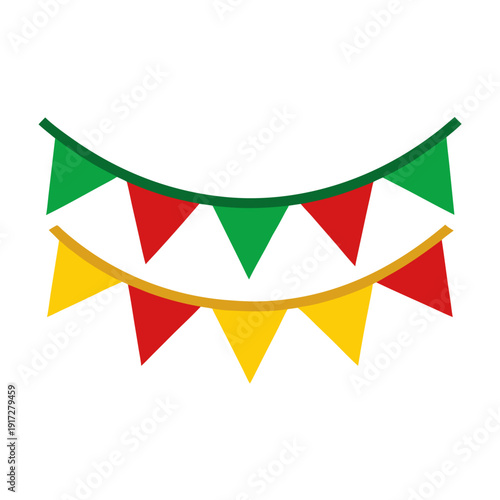 Two lines of festive triangular pennant flags in red, green, and yellow for holiday garland decoration.