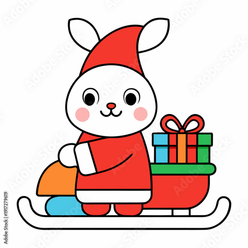 A colored outline cartoon rabbit in a Santa suit stands beside a sleigh carrying brightly wrapped presents.