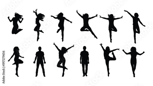 Silhouettes of diverse individuals joyfully dancing in various styles and poses. isolated on white background, Vector