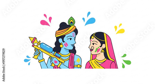 Krishna and radha in traditional indian attire with colorful floral elements