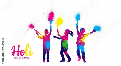 Three joyful people celebrating holi with colorful powder