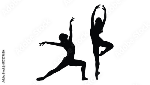 Two silhouettes of dancers performing graceful and dynamic movements. isolated on white background, Vector
