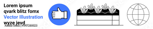 Social media, sustainability, digital communication, environment, technology, global connectivity. A blue thumbs-up icon next to a potted plant and a globe outline. Social media and sustainability