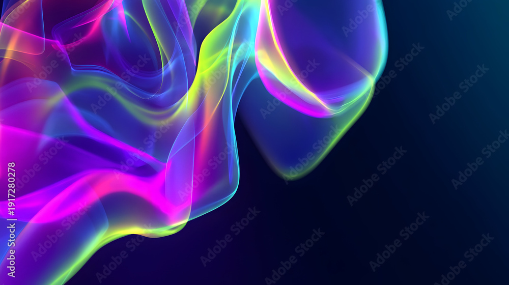 Fototapeta premium Abstract vibrant neon smoke swirls with colorful light on a dark background