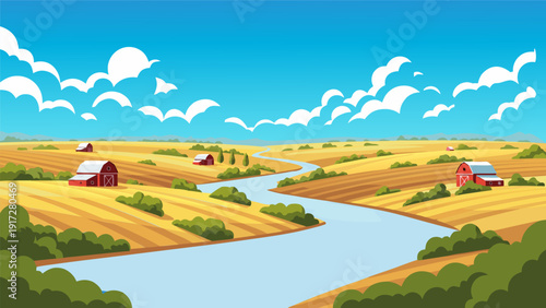 Picturesque Italian countryside landscape vector illustration featuring a historic villa amidst rolling vineyards and tall cypress trees under a clear sky