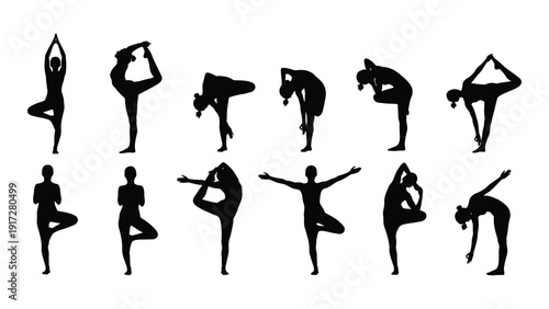 A collection of various yoga poses featuring diverse body positions and styles. isolated on white background, Vector