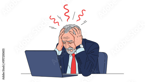 Senior businessman sitting at his laptop and holding his head in pain with red zigzag lines representing a severe headache or extreme stress.