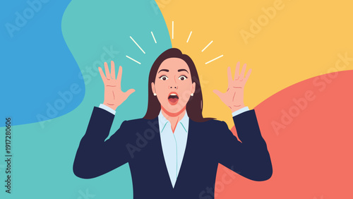 Shocked businesswoman in a dark suit with her hands raised and mouth open in surprise against a colorful abstract background with sunbeams.