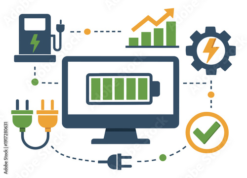 Flat design illustration of an energy efficiency concept depicting battery charging, electric vehicle infrastructure, power management, and performance growth for sustainable technology solutions