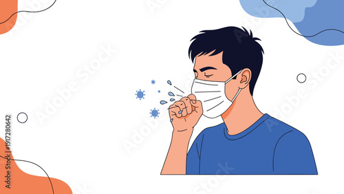Young man wearing a white protective face mask while coughing with virus and bacteria particles floating in the air around him.