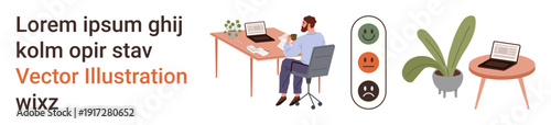 Remote work, productivity, feedback systems, workplace organization, online communication, office settings. A person at a desk working on a laptop, feedback indicators nearby. Remote work