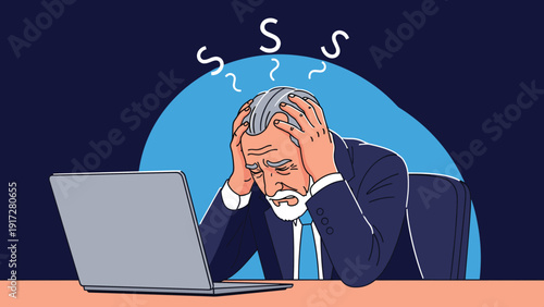 Senior businessman in a suit sitting at his laptop computer with his hands on his head looking very stressed, tired, or worried.