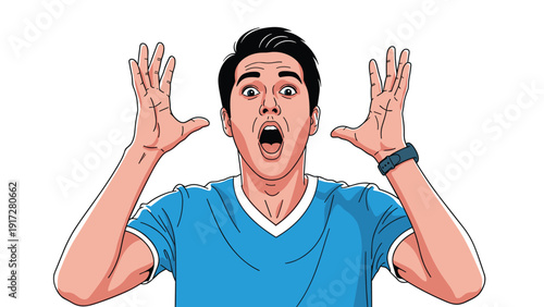 Young man in a blue t-shirt looking extremely surprised or shocked with his mouth wide open and hands raised in the air.