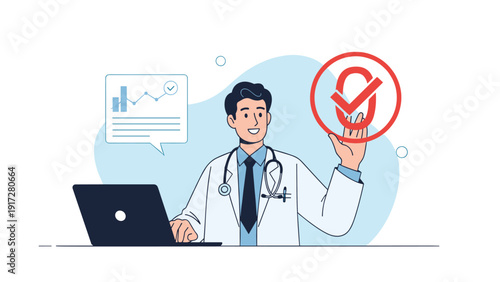 Male doctor in a white lab coat with a stethoscope sitting at a laptop and pointing to a red circle with a green checkmark icon.