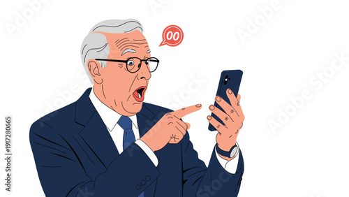 Senior man in a suit wearing glasses looking at his smartphone with a shocked expression while an 'OO' speech bubble appears above him.