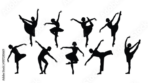 Graceful ballerinas performing in various elegant poses and movements isolated on white background, Vector