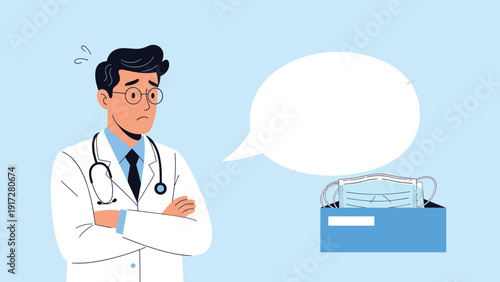 Male doctor wearing a white coat and glasses looking worried or thoughtful next to a box of face masks and a blank speech bubble.