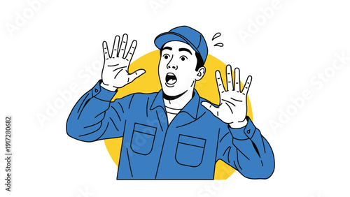 Young man in a blue worker's uniform and cap looking surprised with his hands raised in front of a yellow circular background.