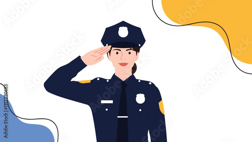 Professional female police officer in a dark blue uniform saluting with a smile against a white and abstract color background.