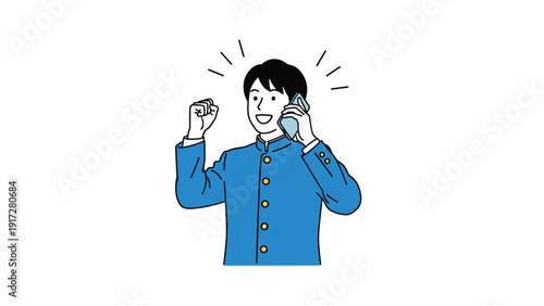 Male student in a blue school uniform talking on a smartphone with a happy expression and raising his fist in a victory gesture.