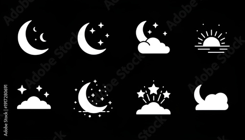 Ramadan Time and Sky Solid White Icon Set on Dark Background Vector