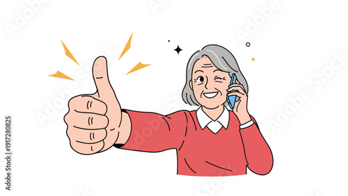 Senior woman in a red sweater talking on a smartphone while winking and giving a confident thumbs up gesture.