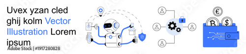 Artificial intelligence, cybersecurity, blockchain, digital economy, payment systems, data protection. Robot with shield, network connections and digital wallet with currency symbols. Artificial