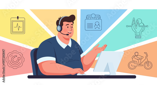 Friendly customer service representative with headset at desk with computer