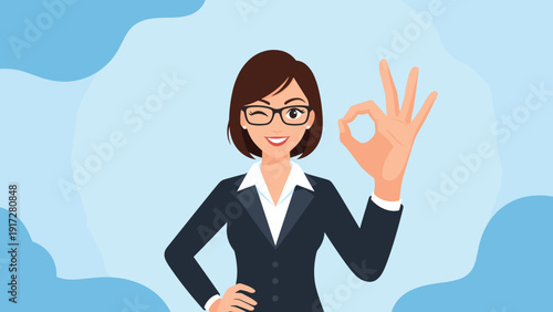 Confident businesswoman with glasses in a dark suit winking and giving an OK hand sign against a blue abstract background.