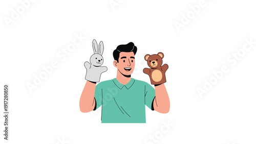 Smiling young man in a green shirt holding a gray rabbit hand puppet and a brown bear hand puppet on his hands.