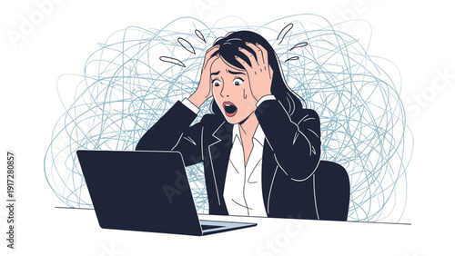 Stressed businesswoman sitting at a laptop with her hands on her head against a background of frantic white scribbles.