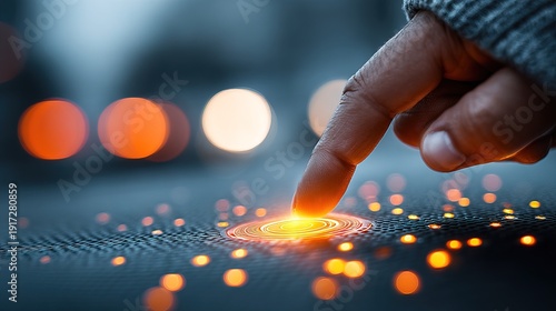 Close Up Human Finger Activating Glowing Digital Interface Connection Point