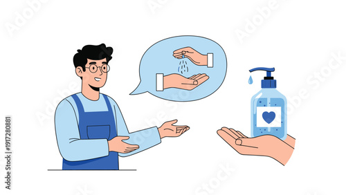 Young man in an apron gesturing towards a bottle of hand sanitizer with a blue heart label and bubbles in the air.