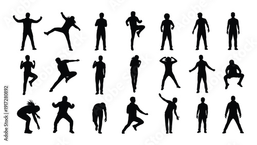A collection of various martial arts poses and stances in silhouette form isolated on white background, Vector