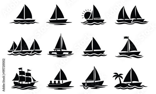Minimalist silhouette boat and sailboat icon set featuring various sailing vessels and ships for maritime and travel designs