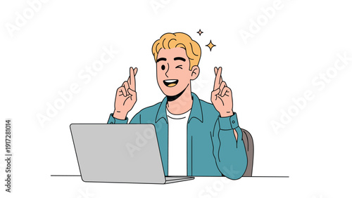 Young blonde man at a laptop computer with his fingers crossed on both hands looking hopeful for a lucky or positive result.