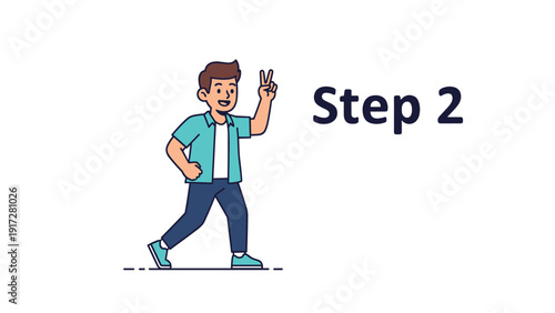 Young boy in a blue shirt walking and making a peace sign gesture next to the text STEP 2 against a white background.