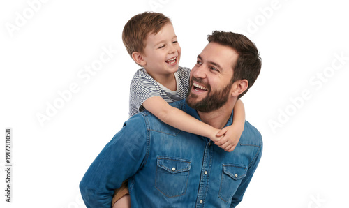 Happy father smiling and carrying his son with care, isolated on white background. PNG
