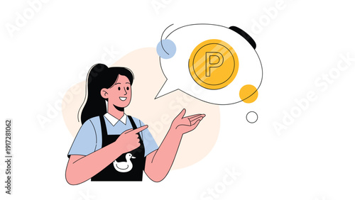 Young woman in an apron with a duck logo pointing to a gold point coin in a speech bubble representing a reward or deal.