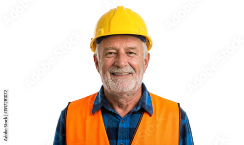 Smiling old construction worker wearing helmet and safety vest, isolated on transparent background, PNG