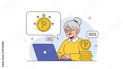 Senior woman in a yellow sweater at a laptop smiling at gold point coins and stars appearing in bubbles above the screen.