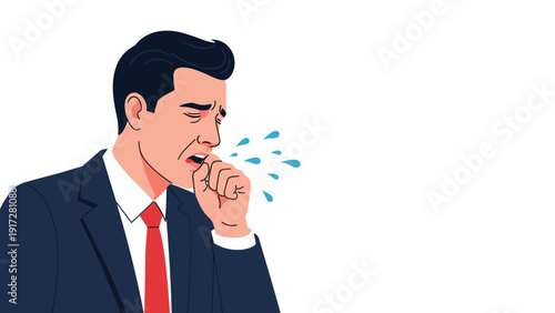 Businessman in a suit coughing into his hand with blue droplets floating in the air appearing very ill with a common cold or flu.