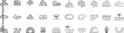 Collection of natural environment icons representing mountains trees water and coral
