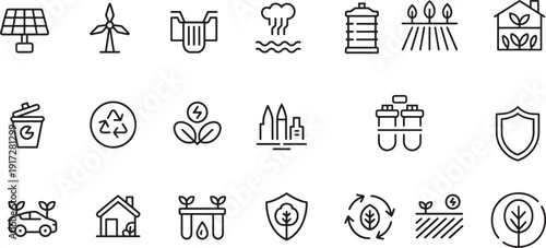 Eco friendly living icons solar power wind turbine recycling and sustainable house