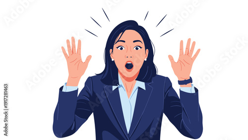 Young businesswoman looking extremely surprised and shocked with her mouth wide open and hands raised in amazement.