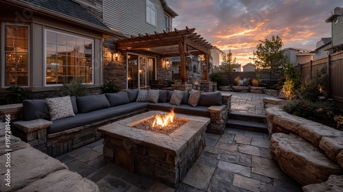 Beautiful Backyard with Fire Pit and Comfortable Seating at Sunset Scenery