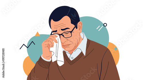 Sad senior man wearing glasses and a brown sweater wiping his eyes with a white tissue while showing deep emotional distress.
