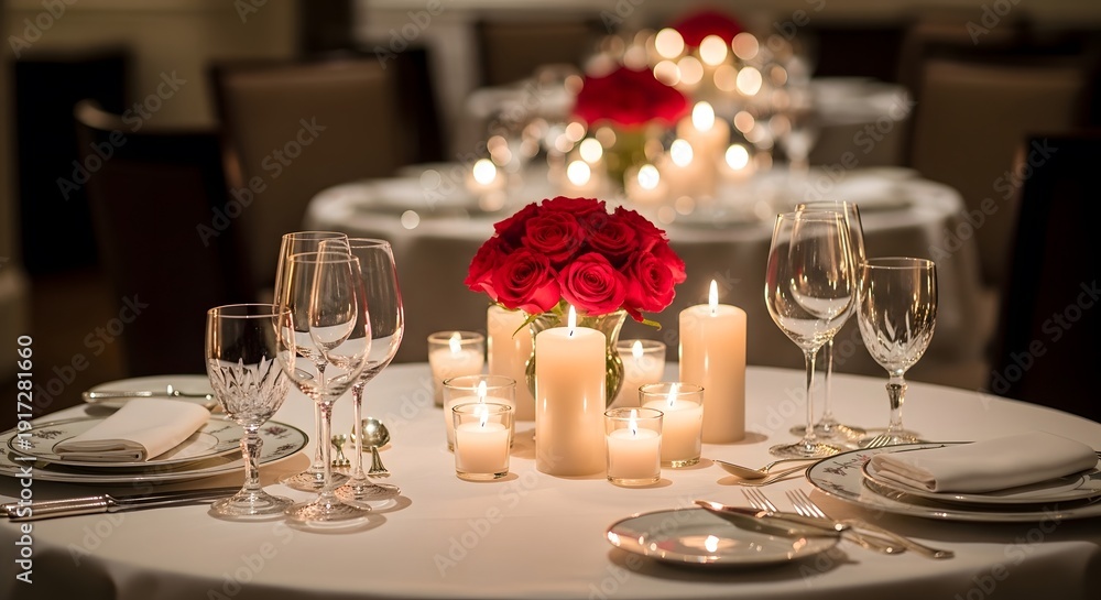 Fototapeta premium Romantic wedding table setting with red roses, candles, and elegant glassware in dim lighting