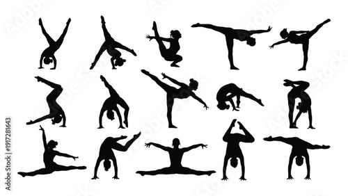 Diverse group of gymnasts performing various acrobatic poses and stunts isolated on white background, Vector